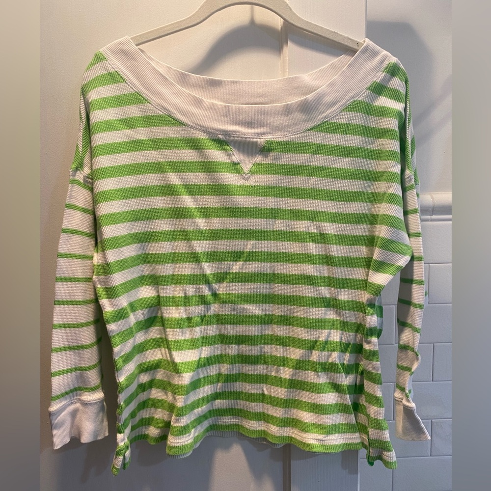 L-RL Lauren Active- 3/4 Sleeve Striped Top, Green/White, Size XL EUC